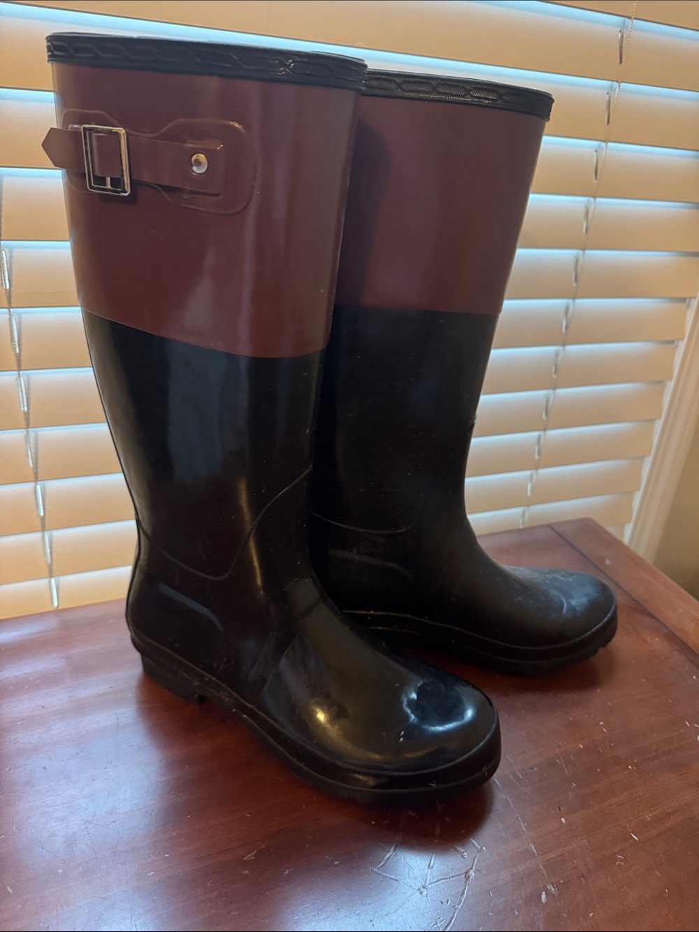 Two-Tone Black and Maroon Rain Boots